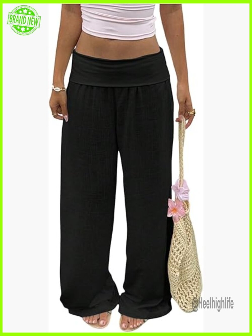 Wide Leg Linen Pants Low Rise Foldover Casual Lounge Trousers